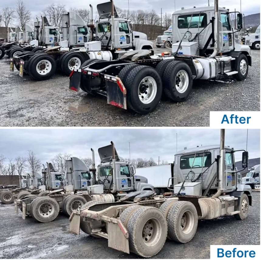 Before and after of a fleet of day-cab trucks washed clean of road grime and salt