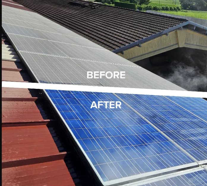 Before and after of rooftop solar panels cleaned with reverse-osmosis water