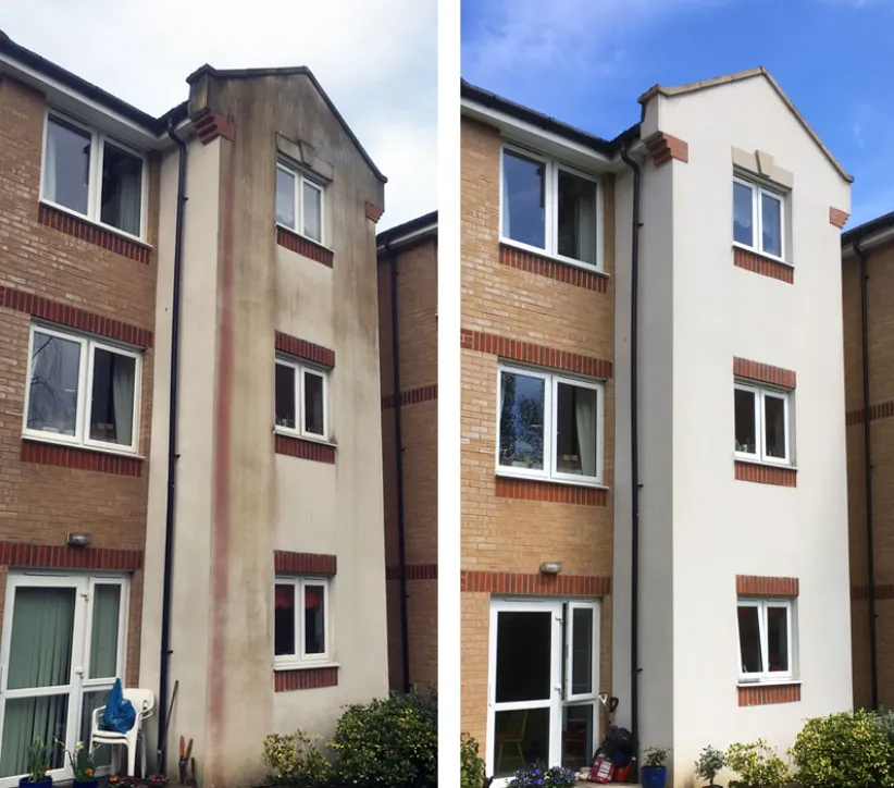 Before and after of a multi-story apartment building exterior soft-washed
